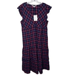 The Nines by Hatch Women XL Plaid Tiered Midi Dress V-Neck Flutter Sleeve Berry